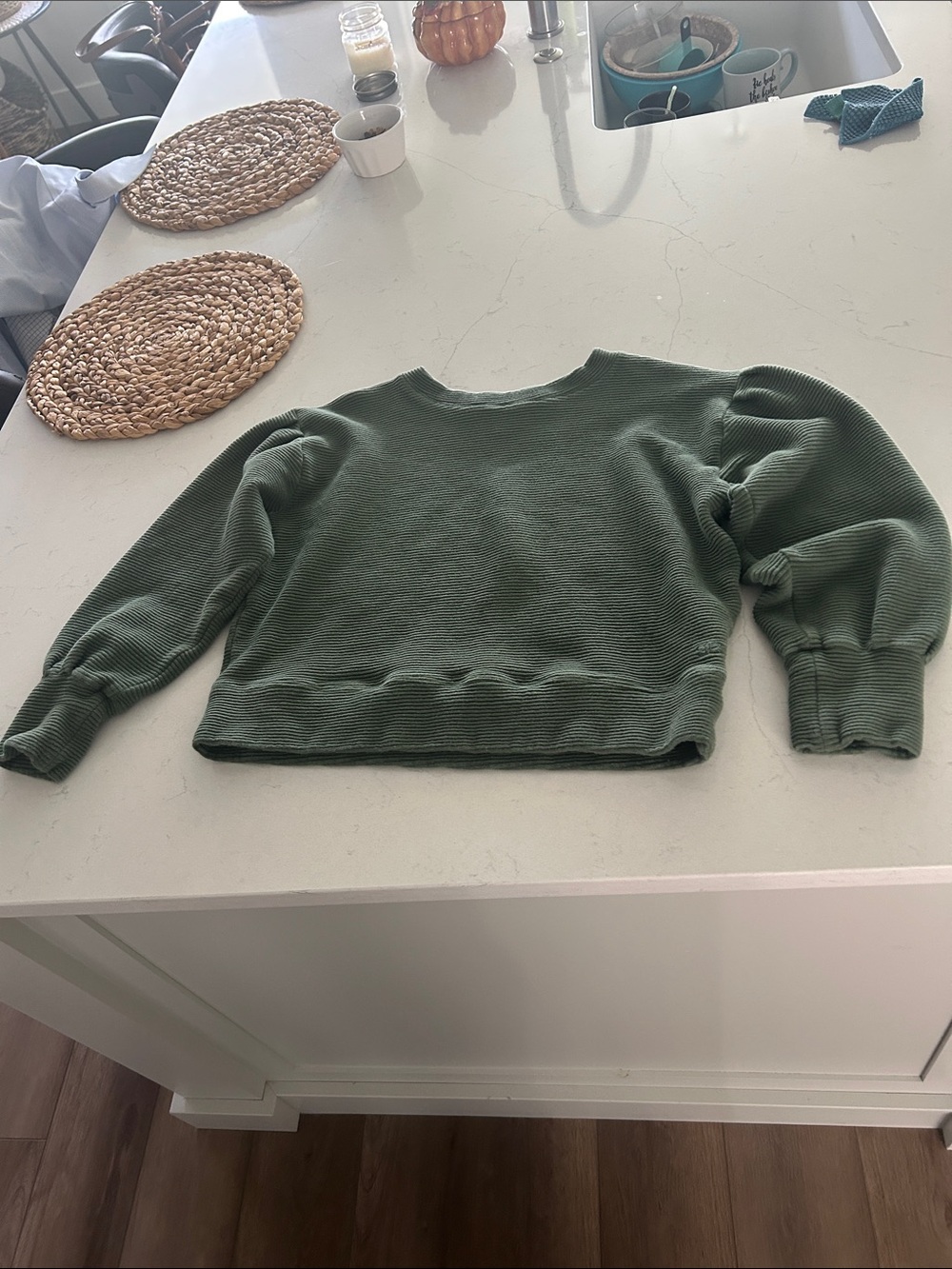Albion Olive Green Ribbed Puff-Sleeve Crewneck Sweater